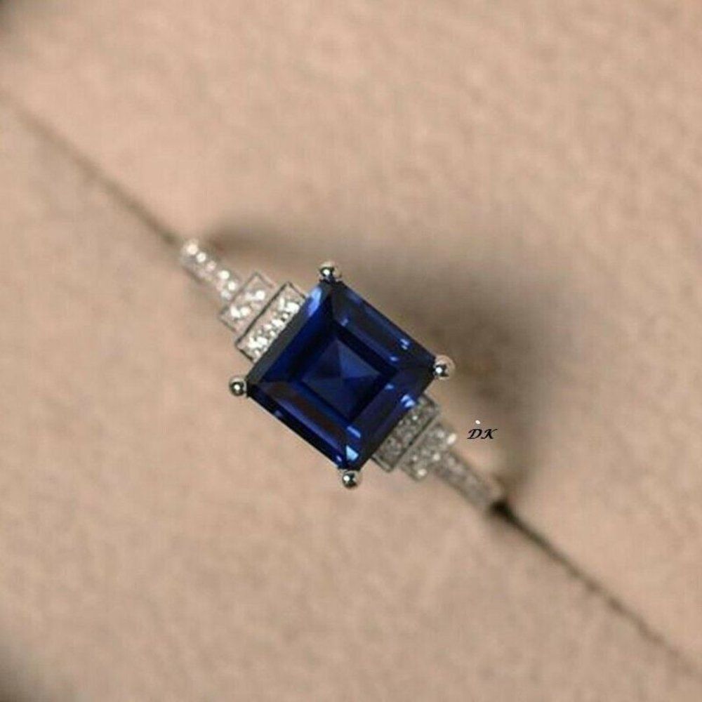 925 PRINCESS CUT BLUE SAPPHIRE ENGAGMENT RING - Picture 4 of 4